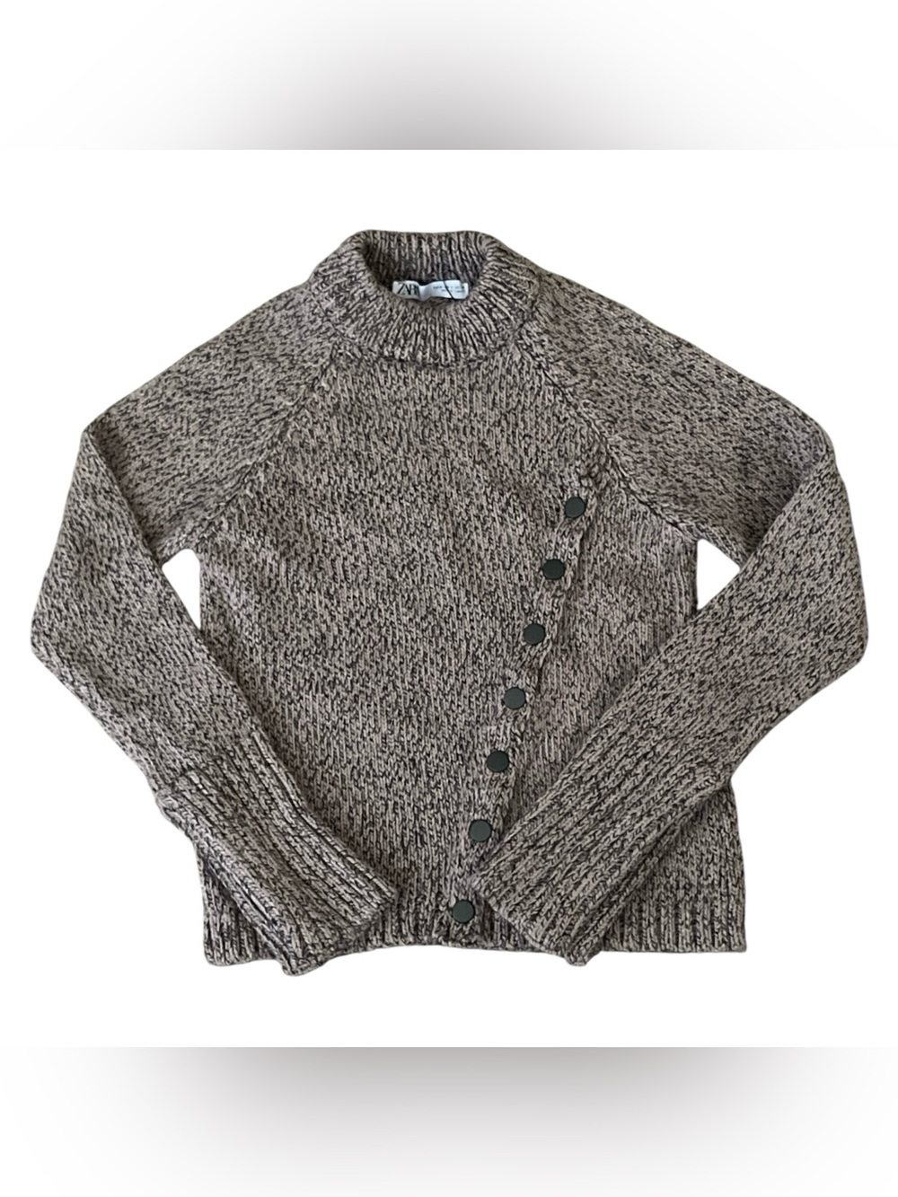 Zara Chunky Marled Knit Asymmetrical Snap Button Sweater Size Medium NWOT